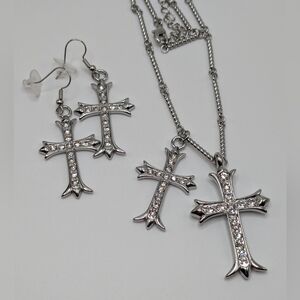 SET- Double Cross Necklace and Earrings Set, Silver Tone, NWT